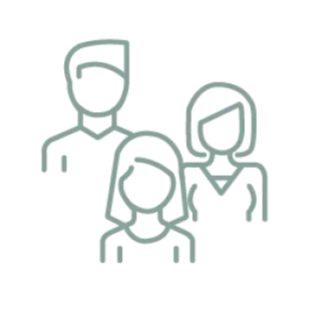 Line drawing of three people, two women and one man, standing together.