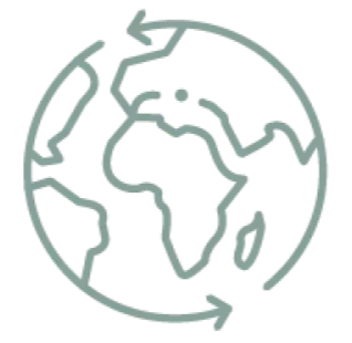 Line drawing of the Earth with arrows circling around it, representing global circulation or sustainability.