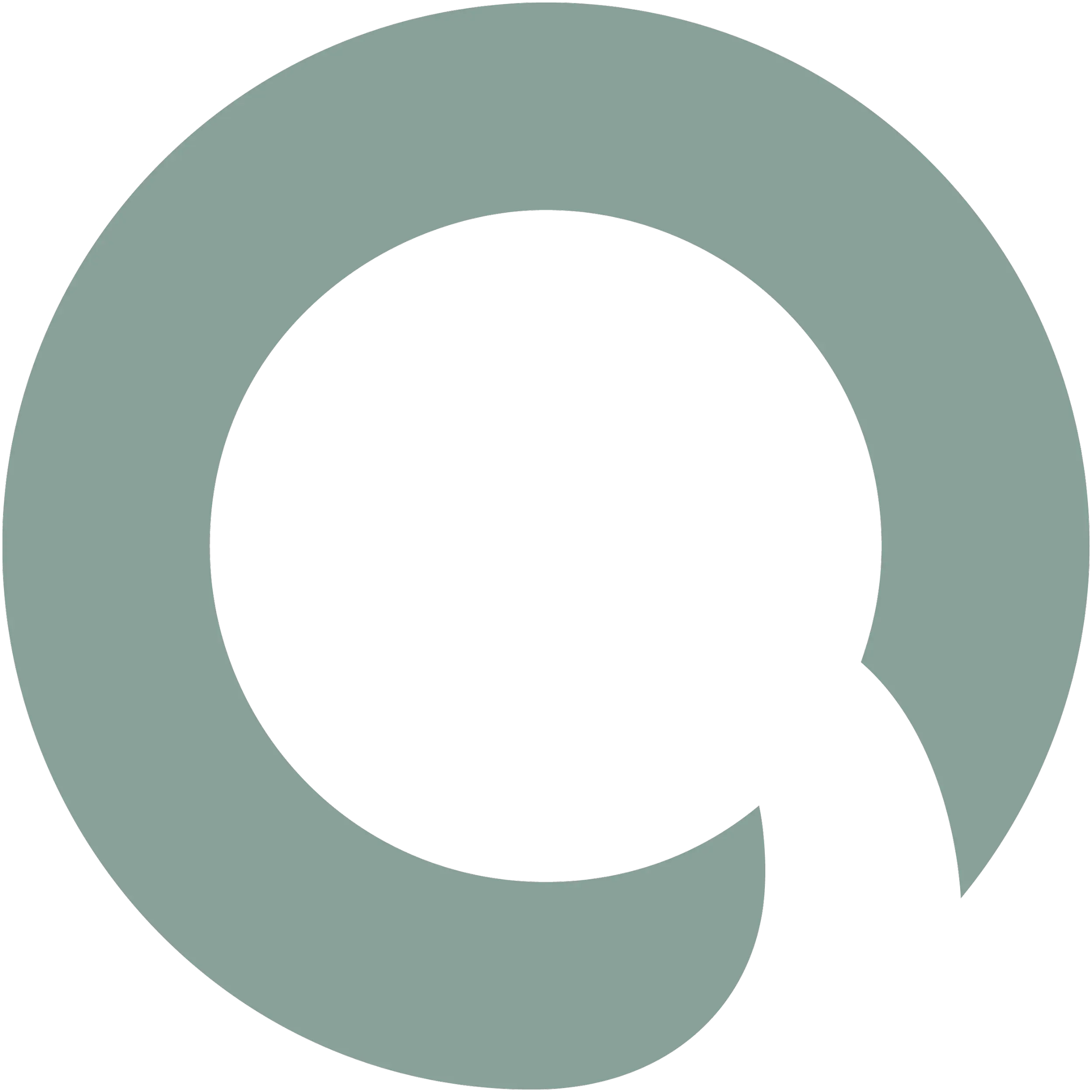 The image features a large, stylized black letter 'Q' on a gray circular background.